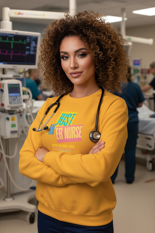 Woman in a yellow sweatshirt with 'Just Another Nurse' text in a hospital setting