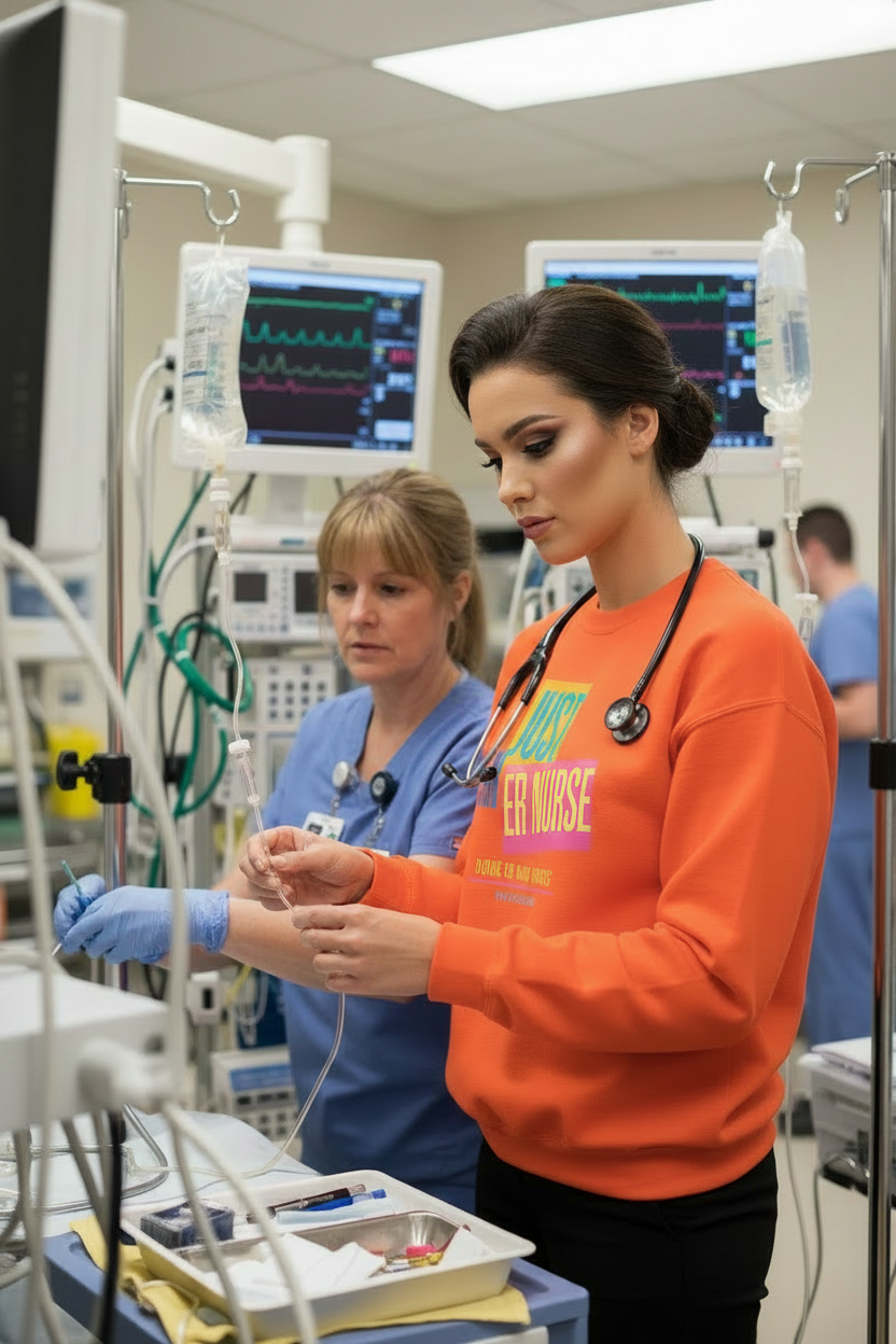 Nurse in an orange sweatshirt with 'Just An ER Nurse' text in a medical setting
